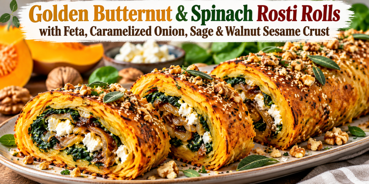 Rosti Rolls made with golden butternut squash, spinach, feta, caramelized onion, sage, walnuts, and sesame crust