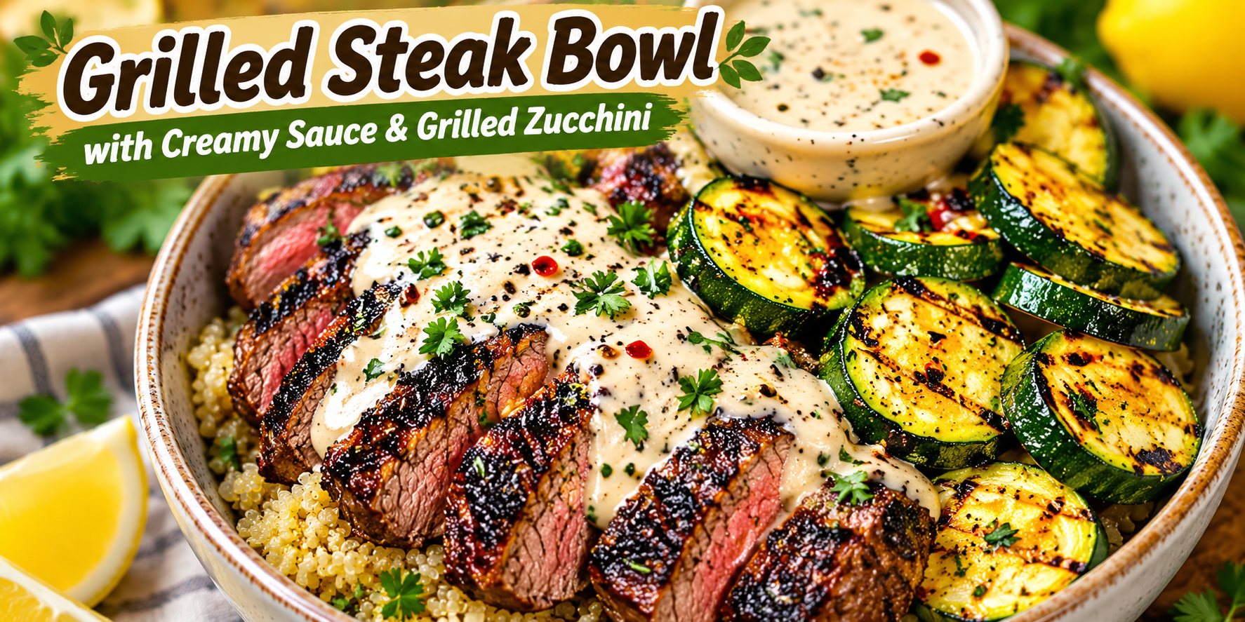 Grilled Steak Bowl with creamy sauce and grilled zucchini