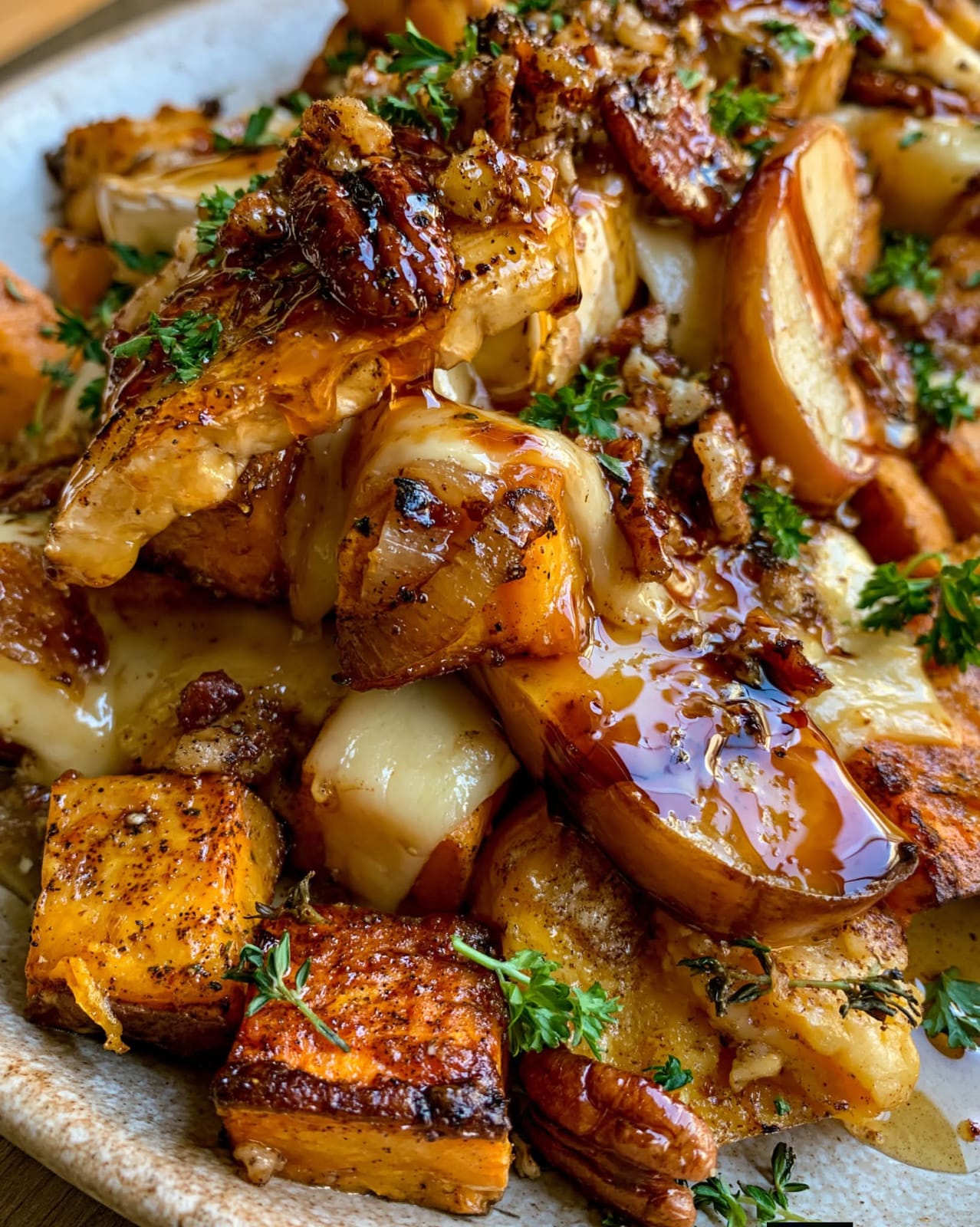 Sweet Potato Apple Smash with roasted sweet potato, butternut squash, apples, creamy Brie, toasted pecans, and hot honey