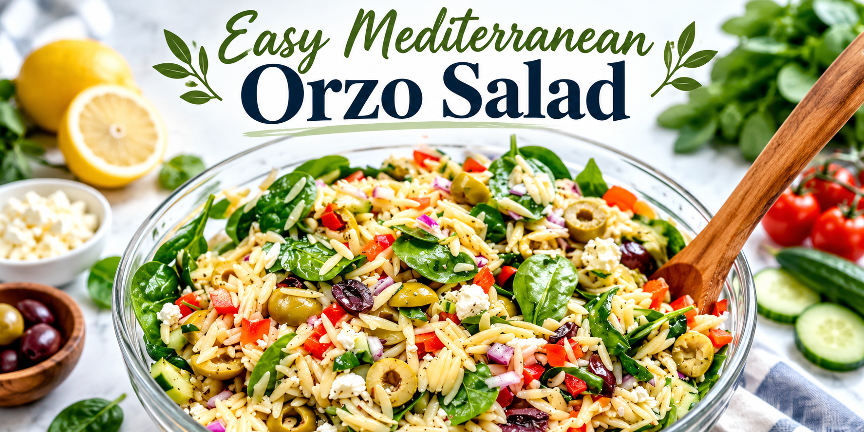 Easy Mediterranean Orzo Salad with orzo pasta, spinach, cucumber, tomatoes, olives, feta cheese, and fresh herbs