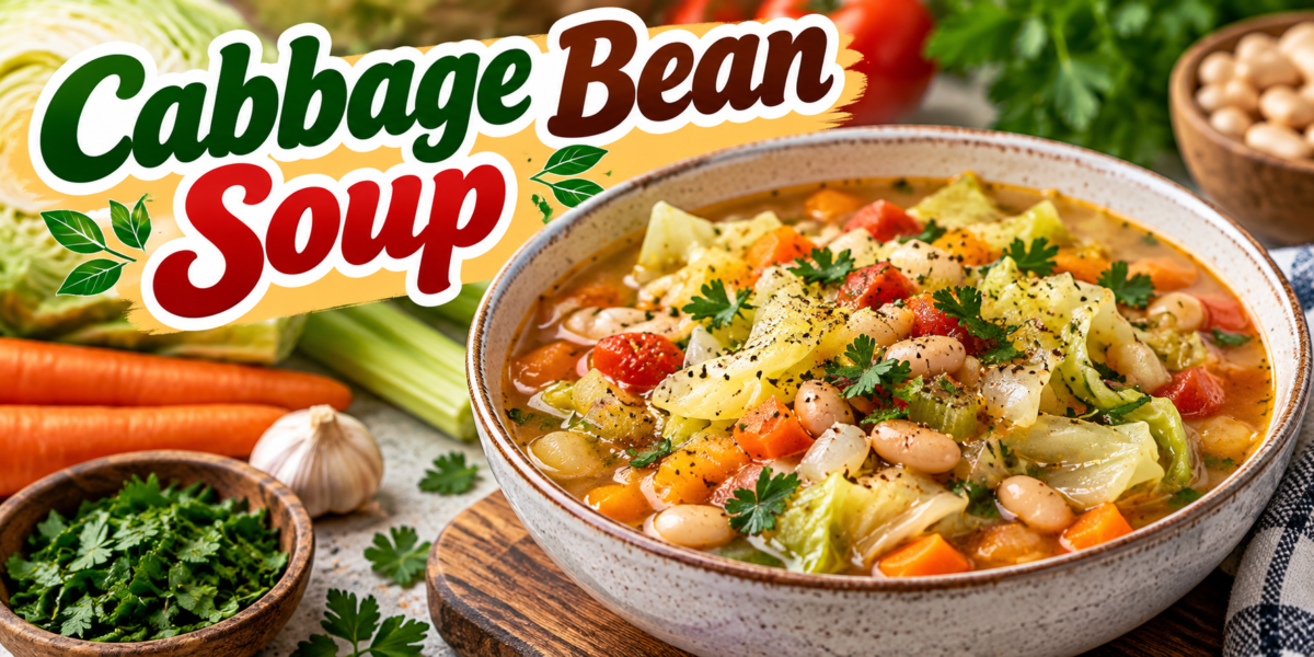 Cabbage Bean Soup with white beans, tender cabbage, potatoes, carrots, tomatoes, celery, and fresh parsley