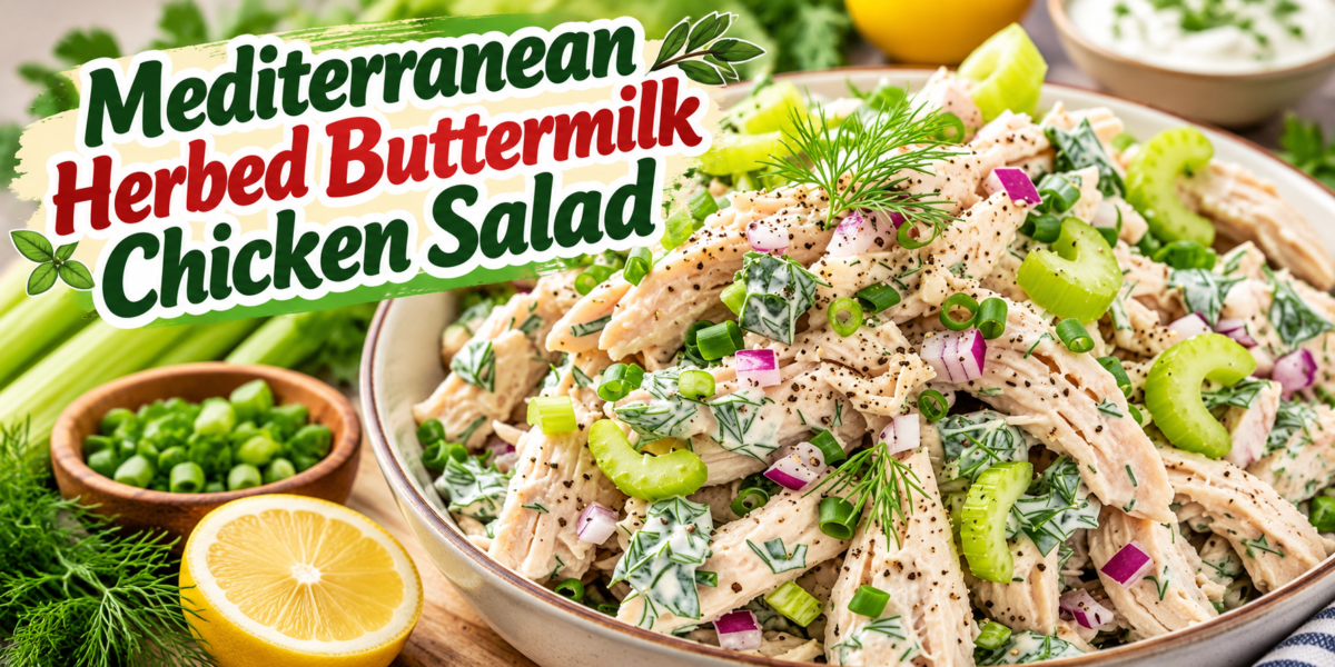 Chicken Salad with tender chicken, creamy Greek yogurt dressing, celery, cucumber, red onion, dill, parsley, and fresh herbs