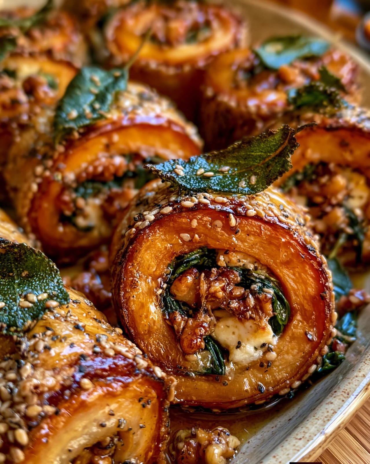 Sweet Potato Rosti Rolls with butternut squash, feta, spinach, walnuts, sesame seeds, and hot honey sage butter