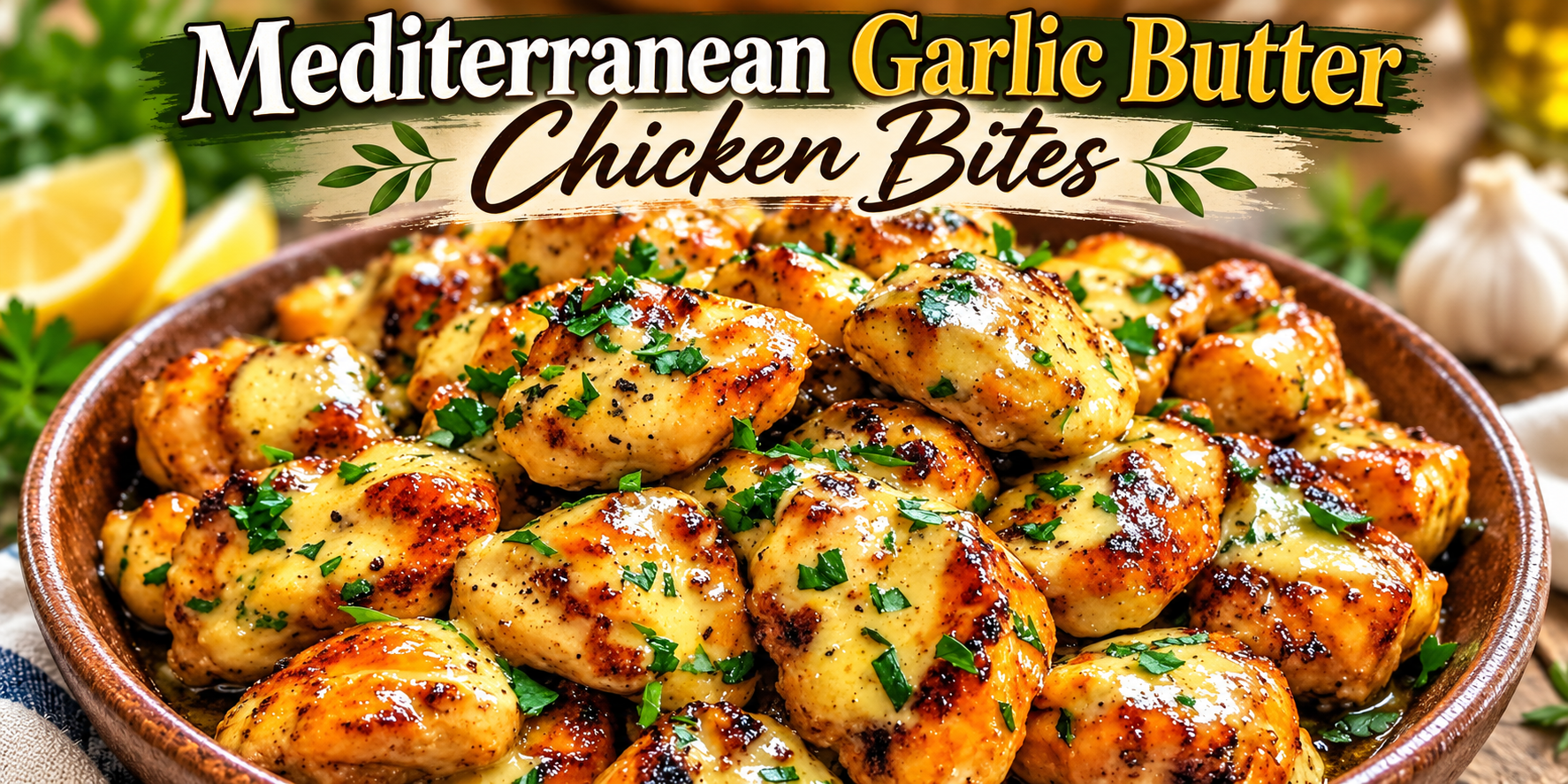 Mediterranean Garlic Butter Chicken Bites in a bowl with golden juicy chicken pieces coated in garlic butter sauce and fresh parsley