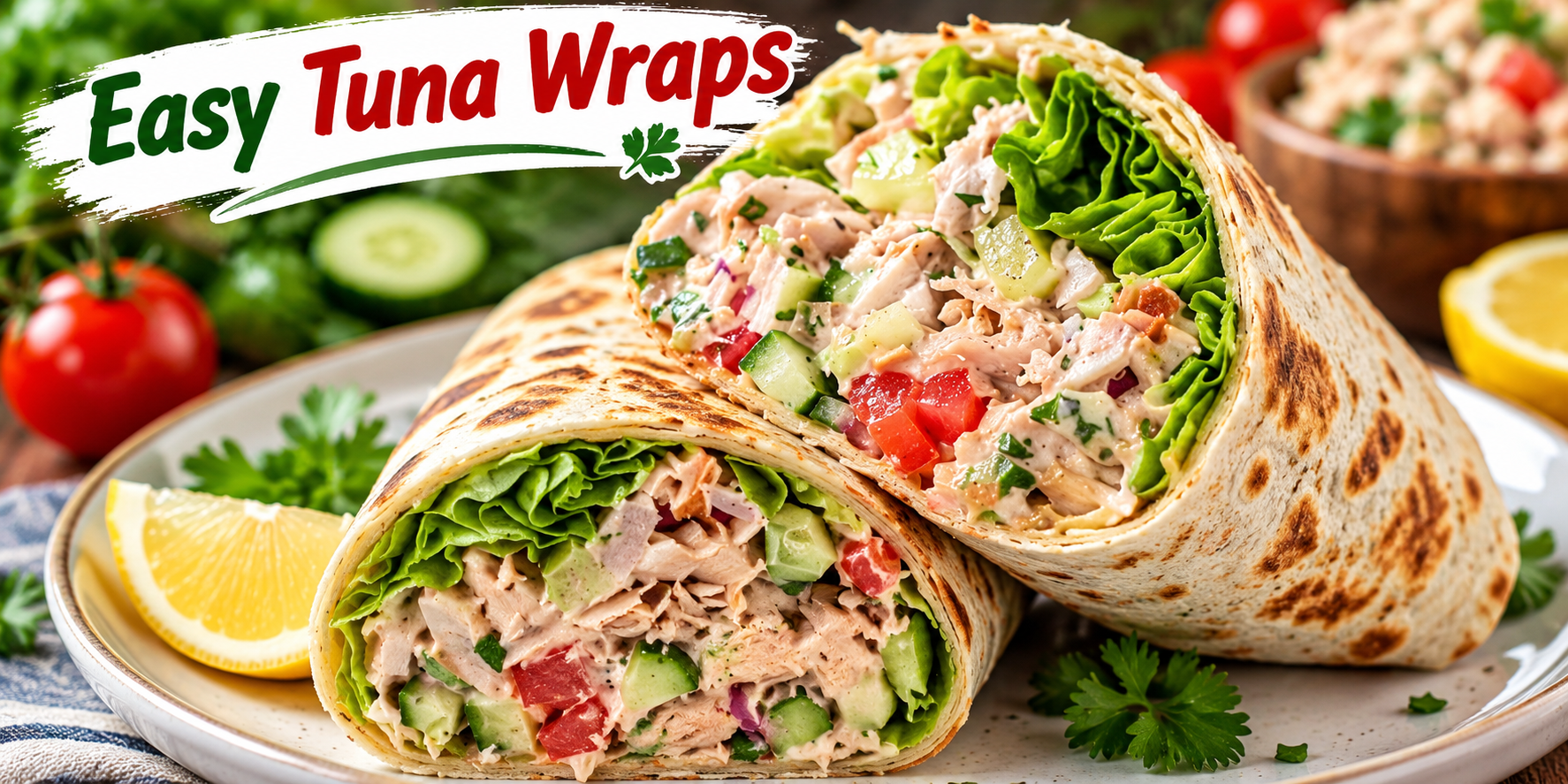 Easy Tuna Wraps with creamy tuna, lettuce, cucumber and tomato
