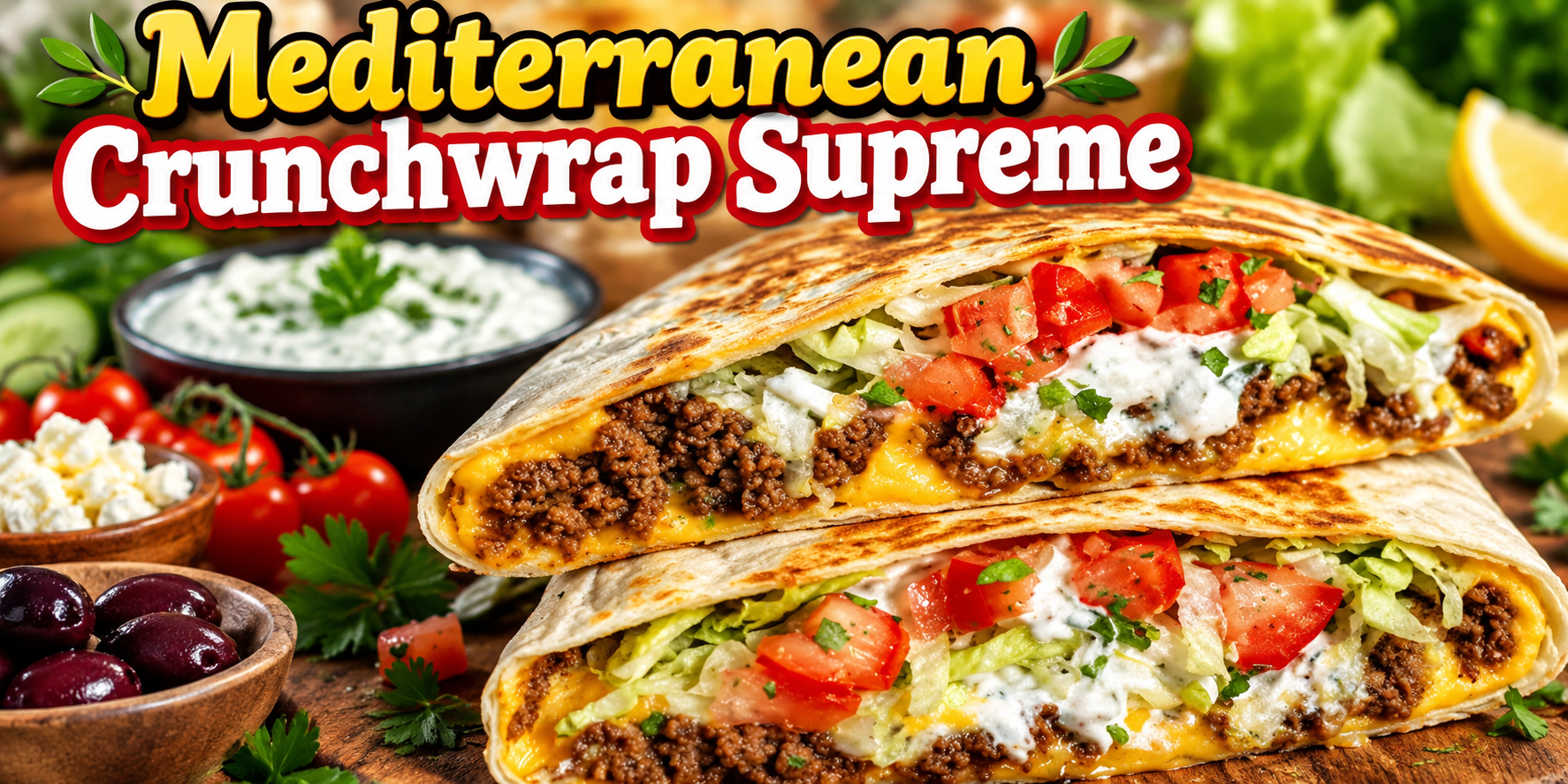 Mediterranean Crunchwrap Supreme filled with seasoned meat, hummus, feta, olives, cucumber, tomatoes and tzatziki