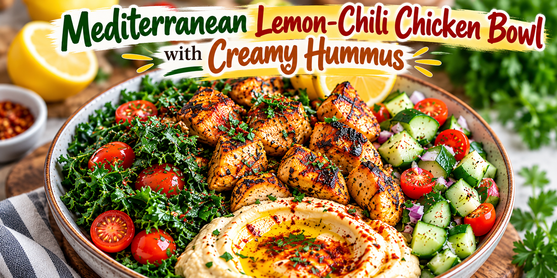 Mediterranean Chicken Bowl with grilled lemon-chili chicken, creamy hummus, fresh cucumber salad, cherry tomatoes, and leafy greens