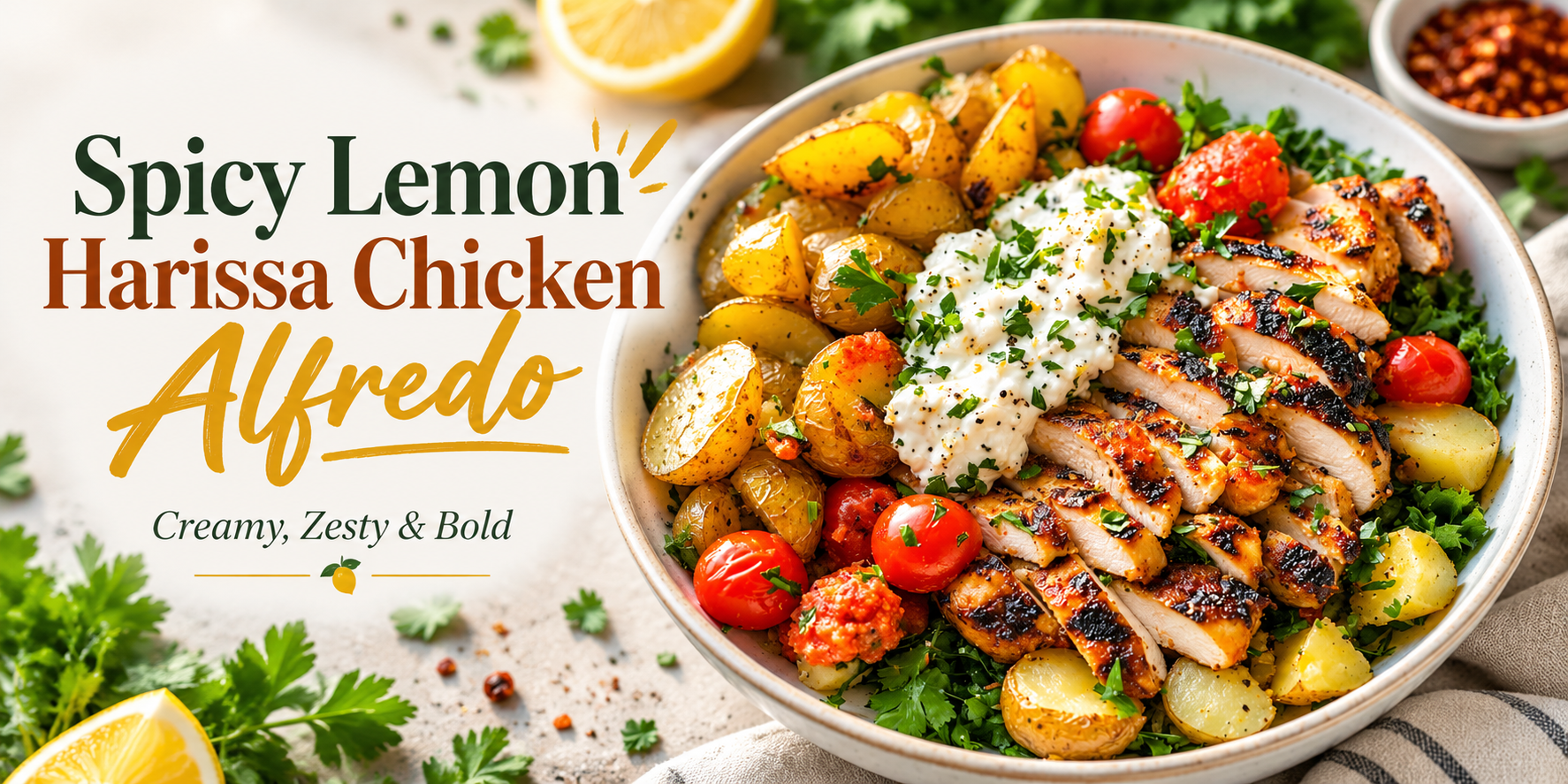 Spicy Lemon Harissa Chicken Alfredo with grilled chicken, creamy sauce, roasted potatoes, tomatoes, and fresh herbs