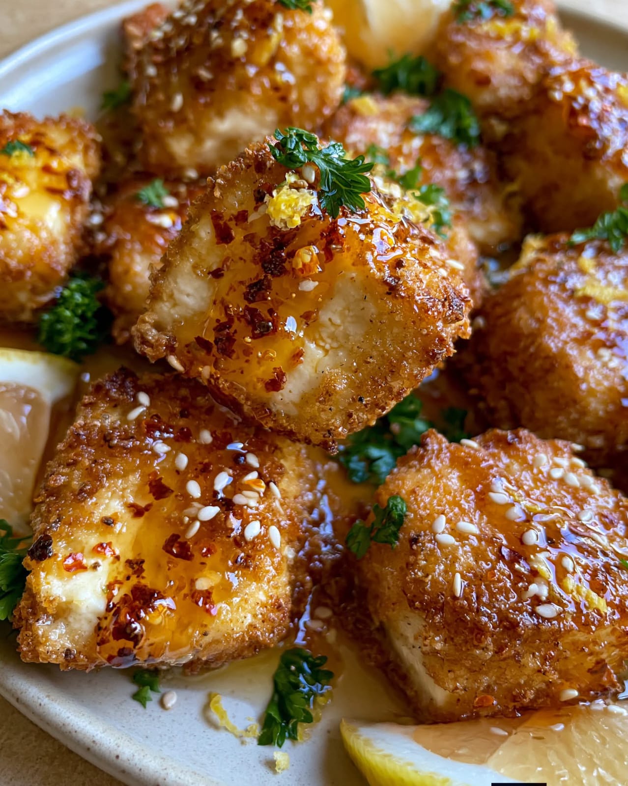 Feta Bites with crispy golden panko coating, creamy feta cheese, fresh herbs, and a drizzle of hot honey
