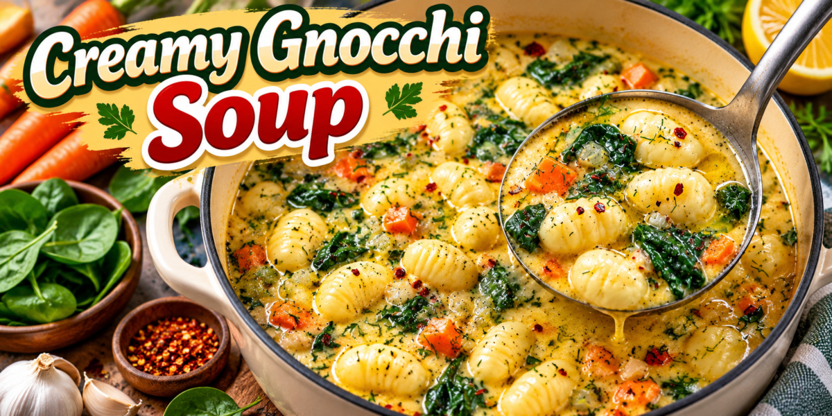 Gnocchi Soup with creamy broth, potato gnocchi, spinach, carrots, herbs, and Parmesan