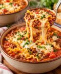 Lasagna Soup with seasoned ground beef, tomatoes, lasagna noodles, ricotta, mozzarella, Parmesan, and fresh herbs