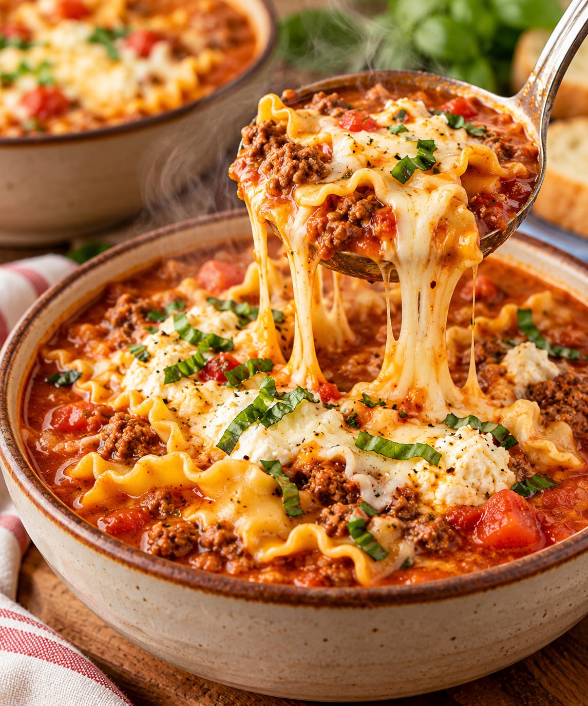 Lasagna Soup with seasoned ground beef, tomatoes, lasagna noodles, ricotta, mozzarella, Parmesan, and fresh herbs