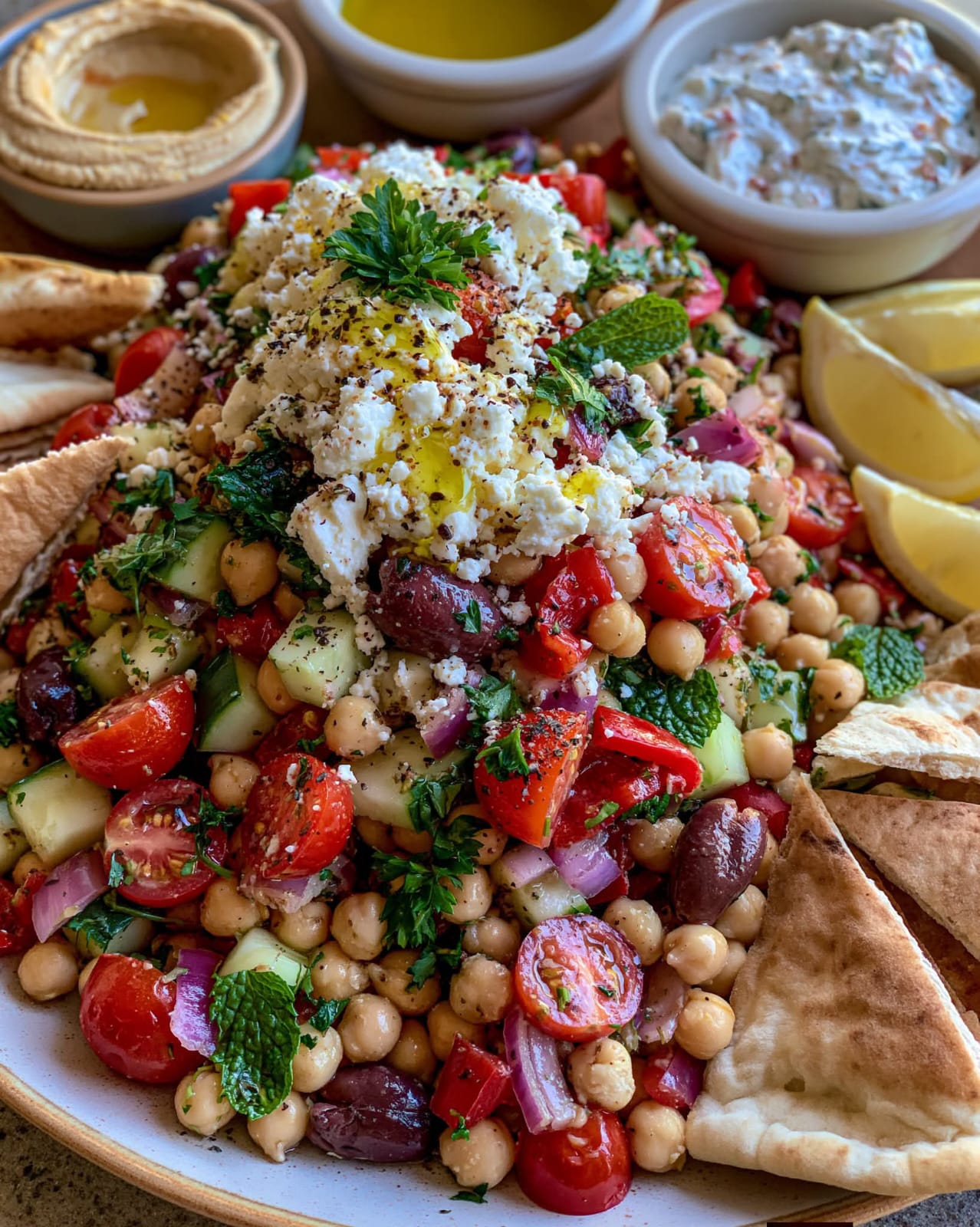 Mediterranean Chickpea Feta Salad with chickpeas, feta, cucumber, tomatoes, olives, fresh herbs, and lemon dressing