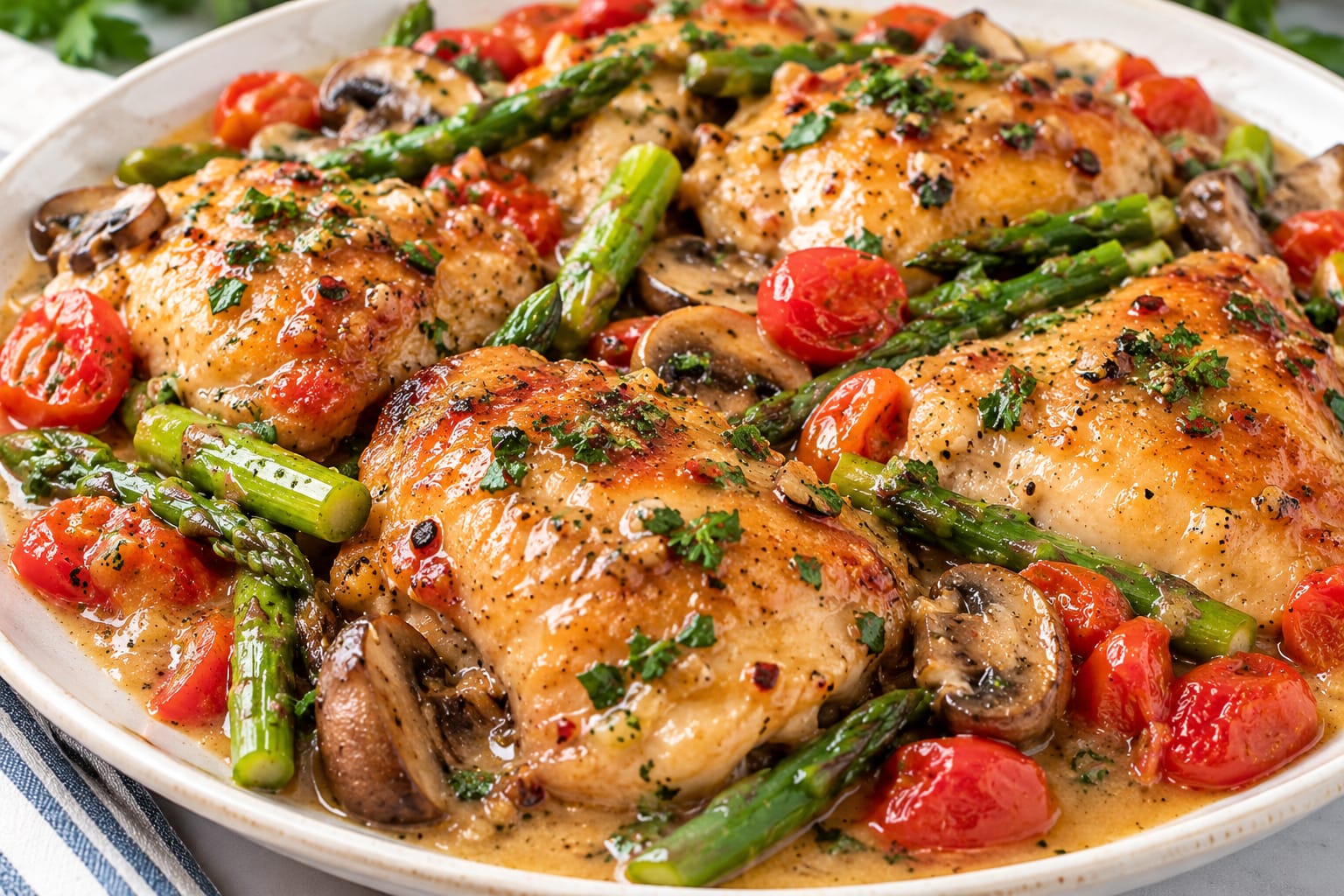 Spring Blossom Chicken with tender chicken, baby potatoes, carrots, peas, asparagus, lemon, fresh herbs, and creamy garlic sauce