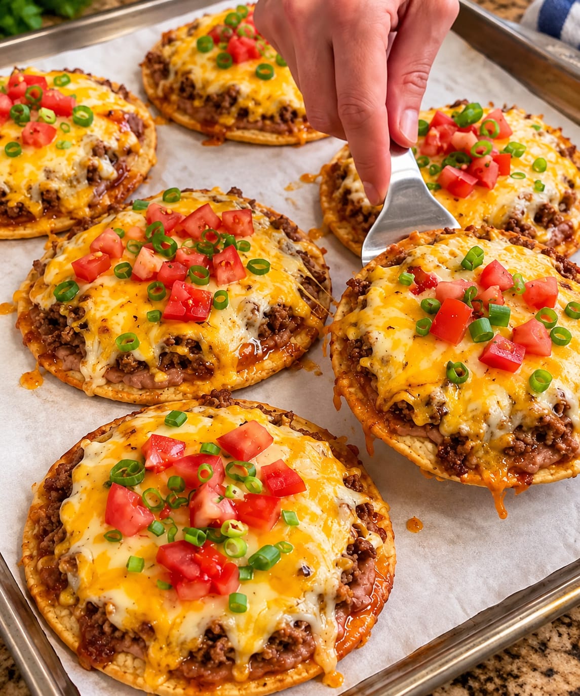 Mexican Pizza with crispy tortillas, seasoned ground beef, refried beans, tomatoes, taco sauce, and melted cheese