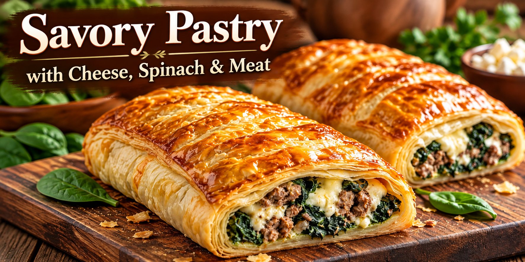 Savory Pastry with Cheese, Spinach and Meat baked until golden and crispy