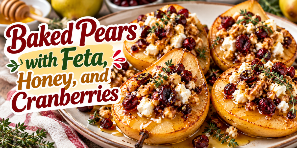 Baked pears topped with feta cheese, dried cranberries, walnuts, honey, and fresh thyme