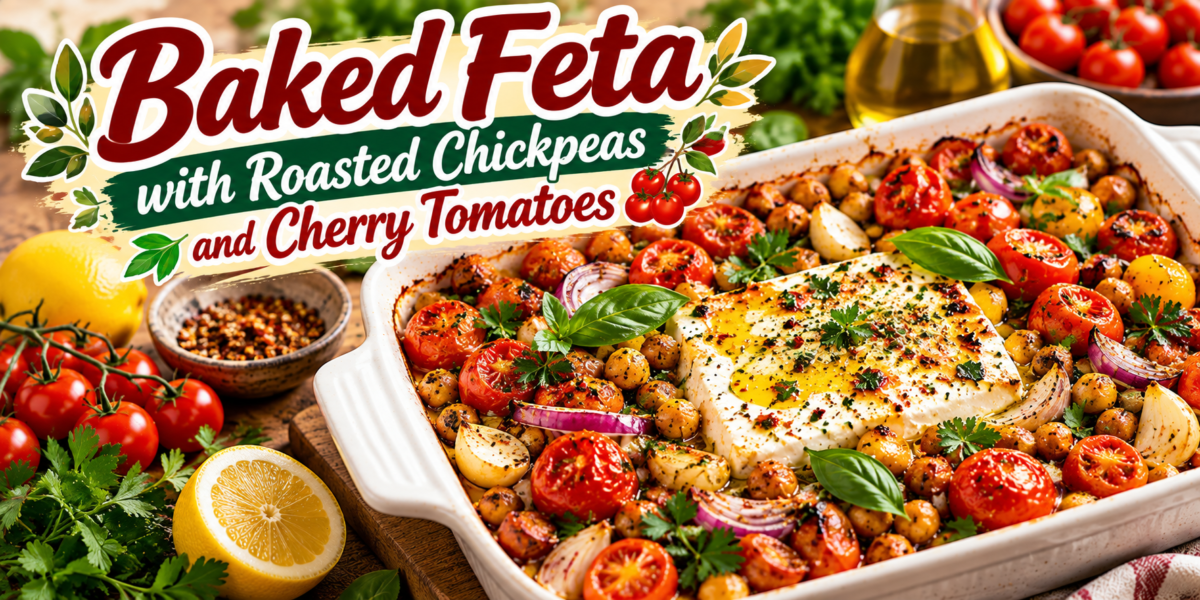 Baked feta with roasted chickpeas, cherry tomatoes, red onion, garlic, olive oil, and fresh Mediterranean herbs
