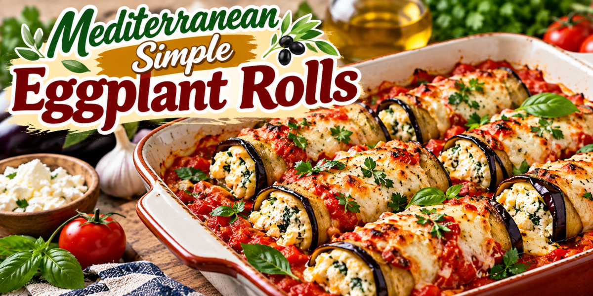 Mediterranean Eggplant Rolls filled with ricotta and feta cheese in tomato sauce with fresh herbs