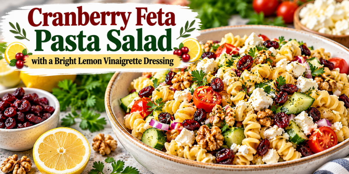 Cranberry Feta Pasta Salad with cherry tomatoes, cucumber, herbs, walnuts, and bright lemon vinaigrette