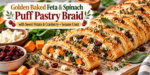 Golden Puff Pastry Braid filled with feta, spinach, sweet potato, cranberries, sage, and sesame seeds