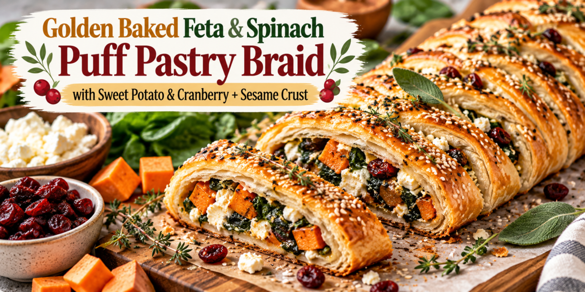 Golden Puff Pastry Braid filled with feta, spinach, sweet potato, cranberries, sage, and sesame seeds