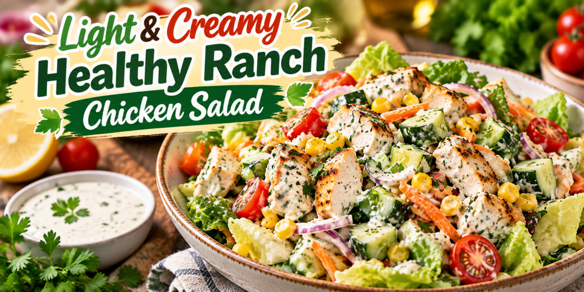 Healthy Ranch Chicken Salad with grilled chicken, lettuce, tomatoes, cucumber, corn, carrots, and creamy ranch dressing