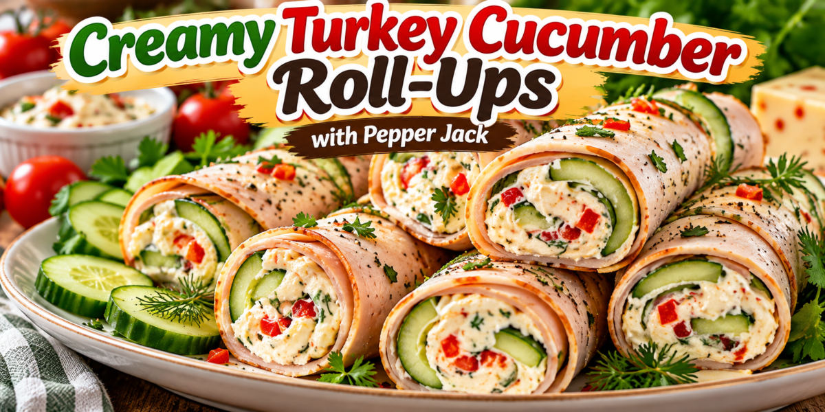 Turkey Roll-Ups with cucumber, creamy Pepper Jack filling, turkey slices, fresh herbs, and red bell pepper