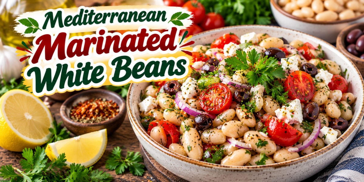 Marinated White Beans with cherry tomatoes, red onion, fresh herbs, Kalamata olives, lemon, and feta
